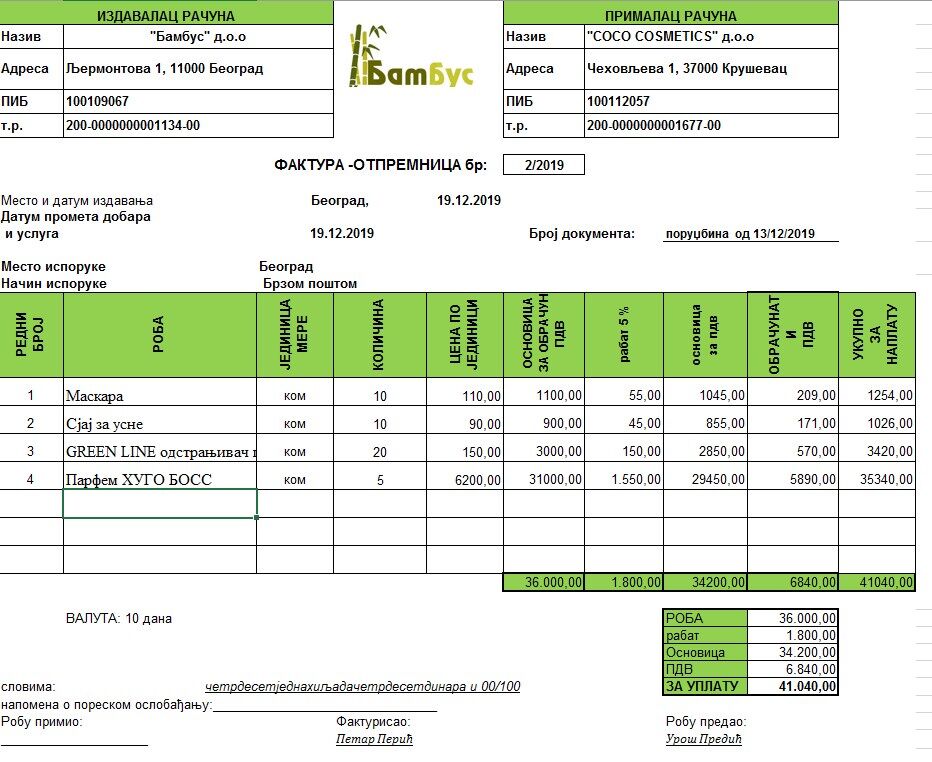 Калкулација у трговини са ЗТН задатак (Урађен пример са прилозима)