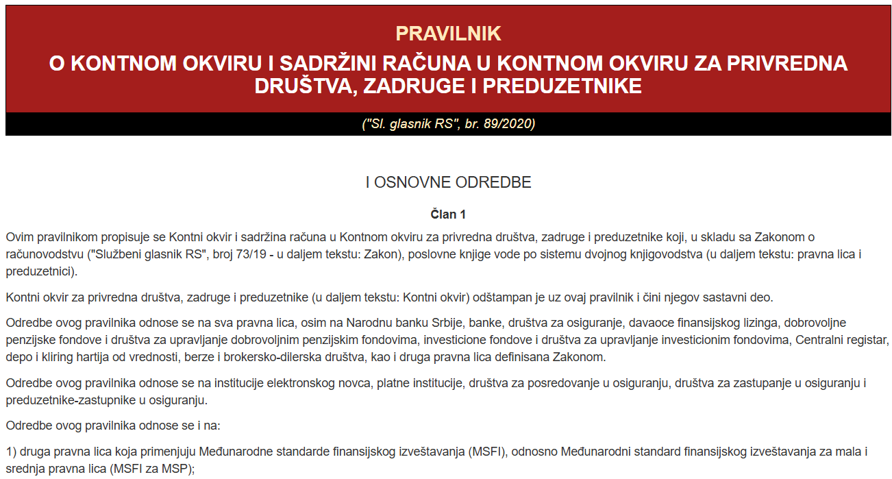 Kontni okvir za privredna društva, zadruge i preduzetnika